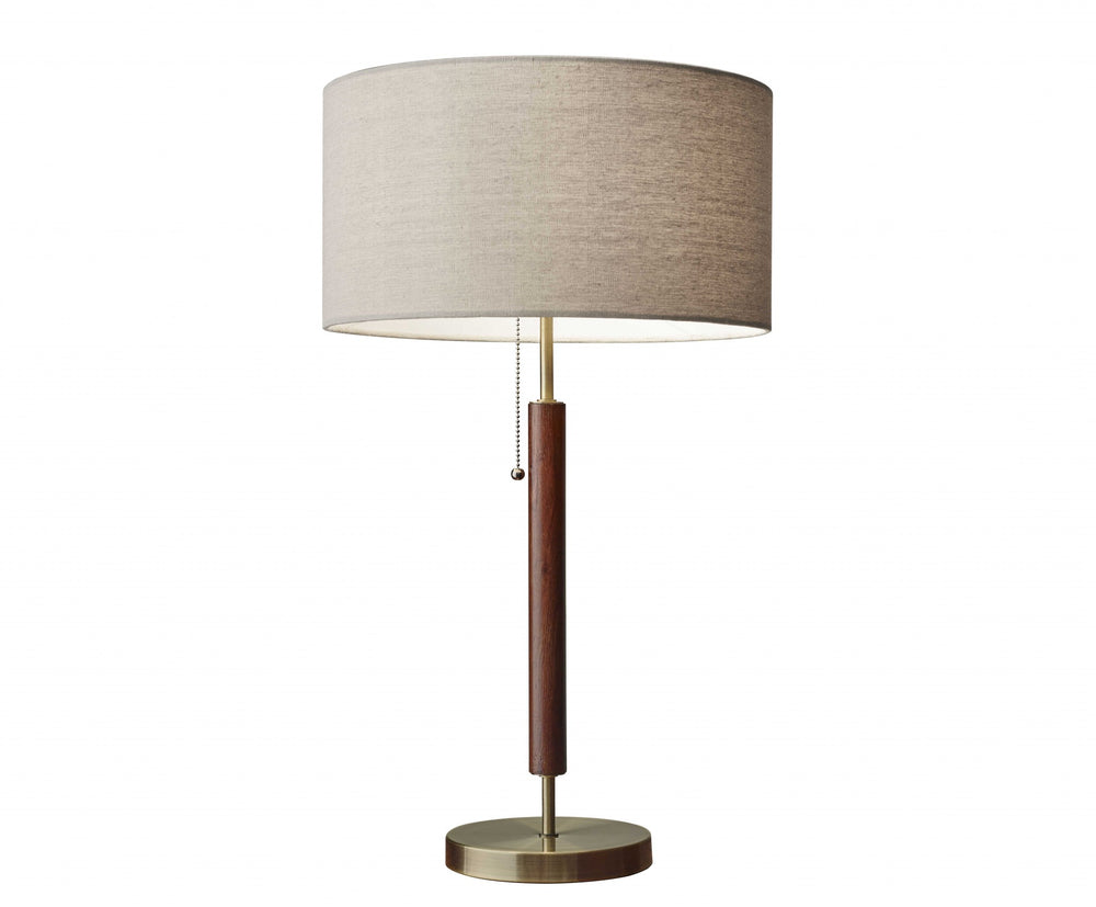 Homeroots 26" Antiqued Brass Solid Wood Table Lamp With Beige Drum Shade   372570