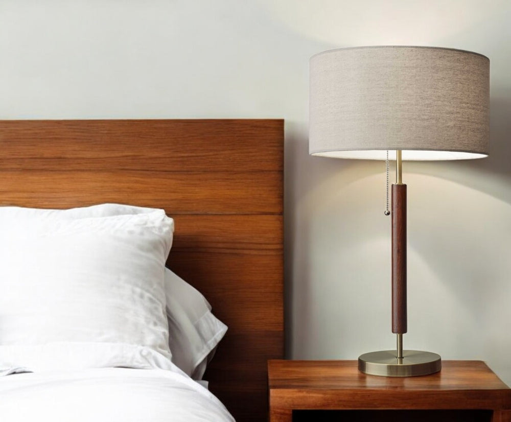 HomeRoots 26" Mid-Century Antiqued Brass Table Lamp with Solid Wood Base & Beige Linen Shade for Any Room 372570