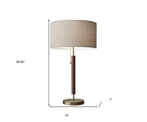 Homeroots 26" Antiqued Brass Solid Wood Table Lamp With Beige Drum Shade   372570