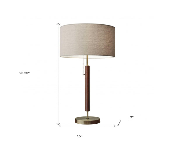 Homeroots 26" Antiqued Brass Solid Wood Table Lamp With Beige Drum Shade   372570