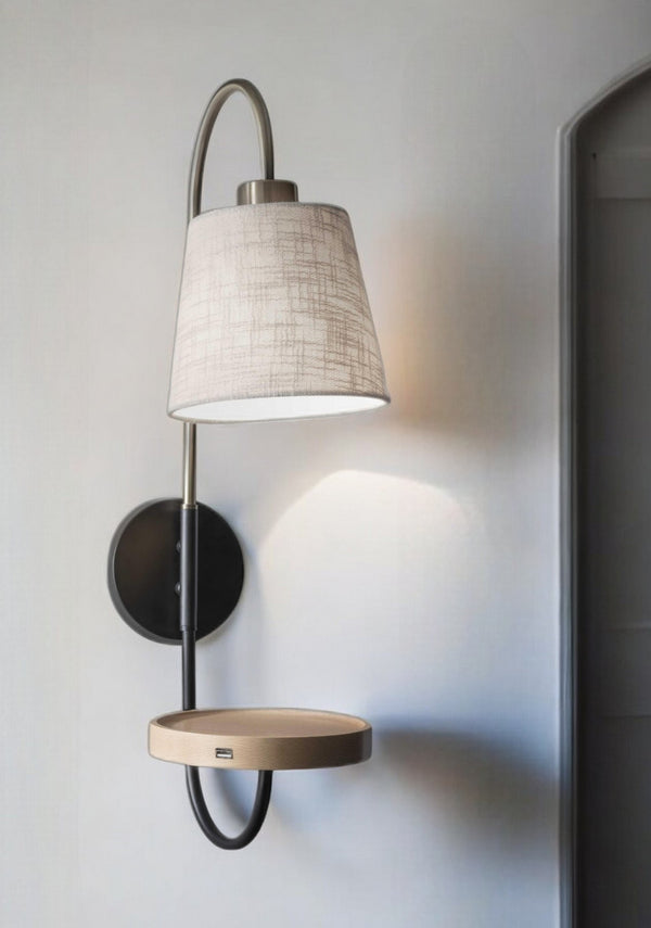 Homeroots Antique Brass And Black Metal Wall Lamp With Usb Charging Station Wood Shelf  Metal 372572