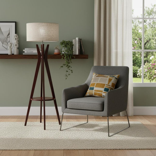 HomeRoots 60" Brown and White Tripod Floor Lamp - Solid Wood Base with Elegant Drum Shade for Any Room 372591