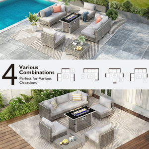 English Elm K&K 8-Piece Patio Conversation Set with 43" 60,000 BTU Propane Fire Pit, UV Wicker & Thick Cushions Grey N707S000012G