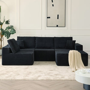 English Elm 139.3" Modular Sectional Sofa - Cloud-Like Boneless Corduroy Couch with Ottoman, 2 Pillows, No Assembly Black W2656S00007