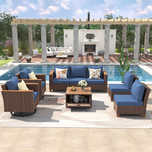 English Elm K&k 8 Piece Outdoor Wicker Sectional Set with Swivel Rockers and Acacia Storage Table Blue+Brown N707S005016E