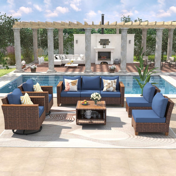 English Elm K&k 8 Piece Outdoor Wicker Sectional Set with Swivel Rockers and Acacia Storage Table Blue+Brown N707S005016E