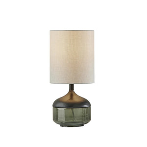 HomeRoots 16" Stylish Black Wood and Smoky Green Glass Table Lamp with Soft Greige Drum Shade for Modern Spaces 372603