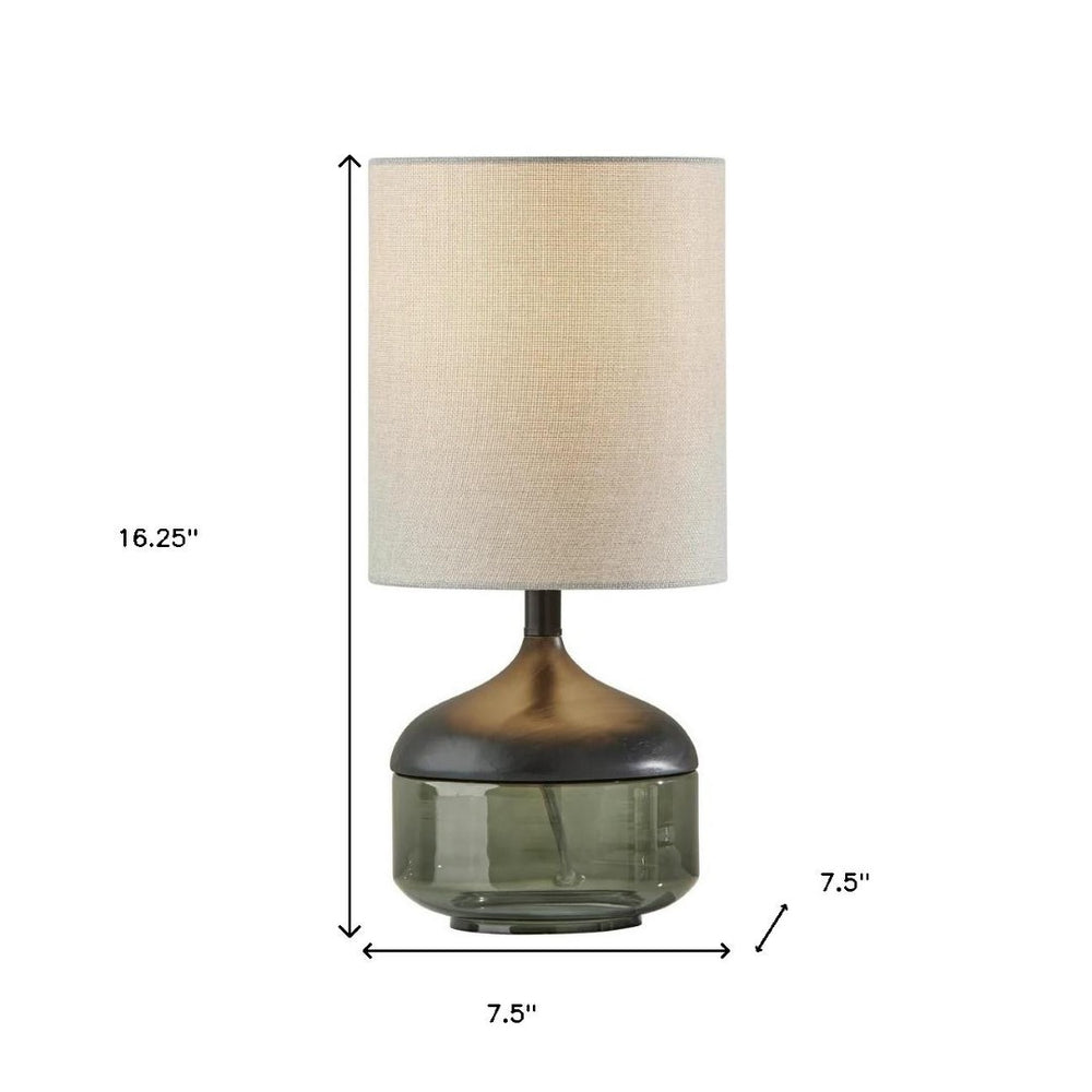 HomeRoots 16" Stylish Black Wood and Smoky Green Glass Table Lamp with Soft Greige Drum Shade for Modern Spaces 372603