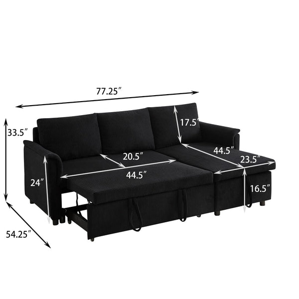 English Elm Loveseat Sectional Sleeper Sofa with Corduroy Tufted Upholstery Storage Chaise Reclining Black W2186S00011
