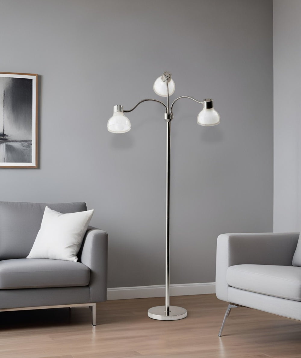 HomeRoots 69" Modern Tree Floor Lamp with Three Lights and White Bowl Shade for Stylish Illumination Solutions Chrome 372611