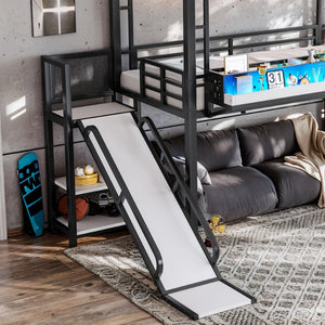 English Elm Twin Metal Loft Bed with Built-in Wardrobe Storage Stairs Led Lights and Usb Ports W5316S00045