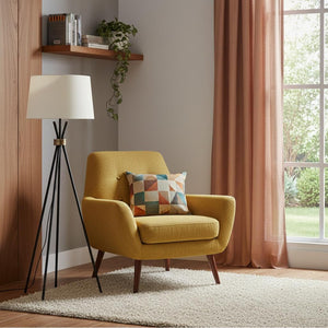 HomeRoots 60" Tripod Floor Lamp with Black Metal Base & White Fabric Shade - Modern Mid-Century Design Accent 372640