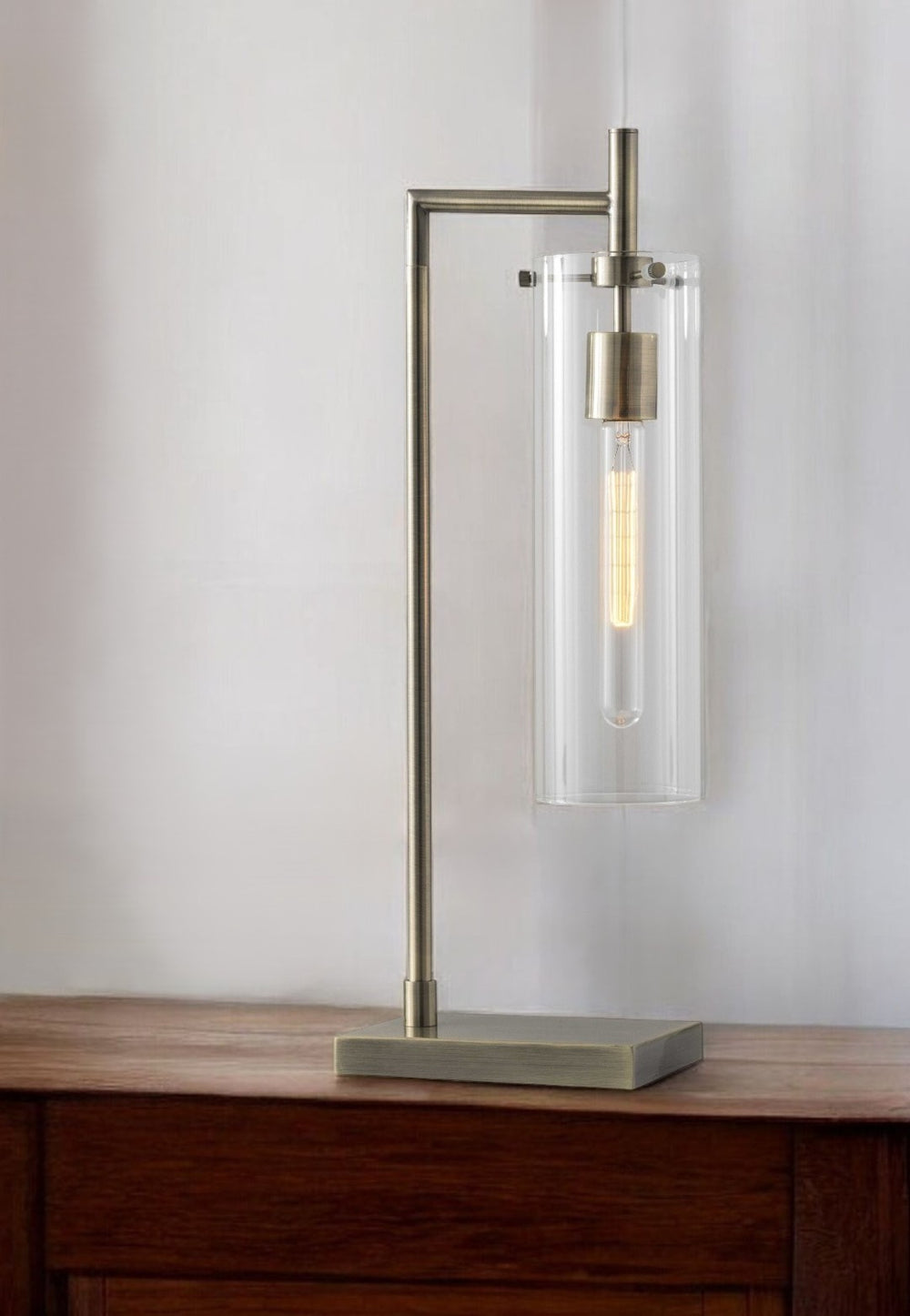 HomeRoots 24" Brass Table Lamp with Clear Cylinder Shade – Vintage Edison Bulb, Modern-Industrial Design, Warm Glow 372644