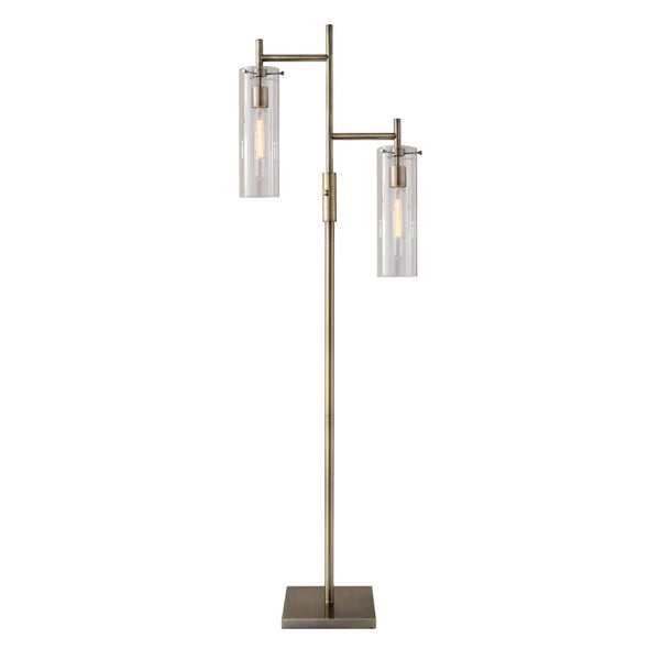 HomeRoots 64" Brass Two Light Floor Lamp - Vintage Charm with Clear Glass Shade for Elegant Ambient Lighting 372645