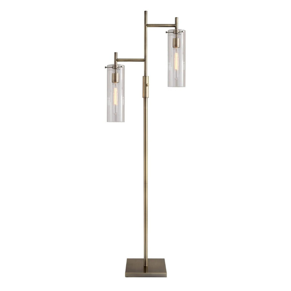 HomeRoots 64" Brass Two Light Floor Lamp - Vintage Charm with Clear Glass Shade for Elegant Ambient Lighting 372645