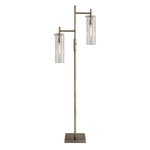 HomeRoots 64" Brass Two Light Floor Lamp - Vintage Charm with Clear Glass Shade for Elegant Ambient Lighting 372645
