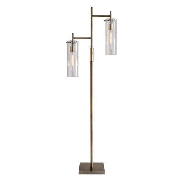 HomeRoots 64" Brass Two Light Floor Lamp - Vintage Charm with Clear Glass Shade for Elegant Ambient Lighting 372645