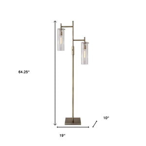 HomeRoots 64" Brass Two Light Floor Lamp - Vintage Charm with Clear Glass Shade for Elegant Ambient Lighting 372645