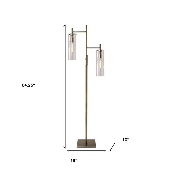 HomeRoots 64" Brass Two Light Floor Lamp - Vintage Charm with Clear Glass Shade for Elegant Ambient Lighting 372645