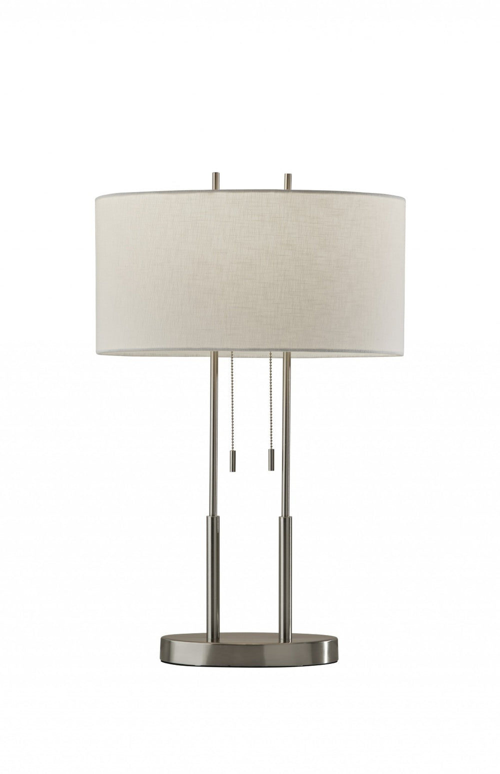 HomeRoots 27" Silver Metal Two-Light Bedside Lamp with Off-White Shade for Modern Elegance and Functionality 372649