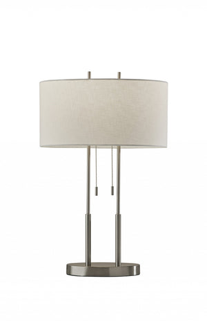 HomeRoots 27" Silver Metal Two-Light Bedside Lamp with Off-White Shade for Modern Elegance and Functionality 372649