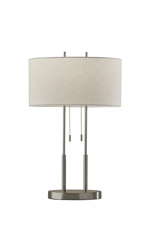 HomeRoots 27" Silver Metal Two-Light Bedside Lamp with Off-White Shade for Modern Elegance and Functionality 372649