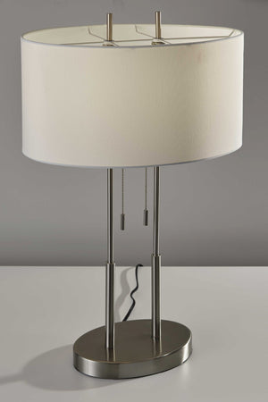 HomeRoots 27" Silver Metal Two-Light Bedside Lamp with Off-White Shade for Modern Elegance and Functionality 372649