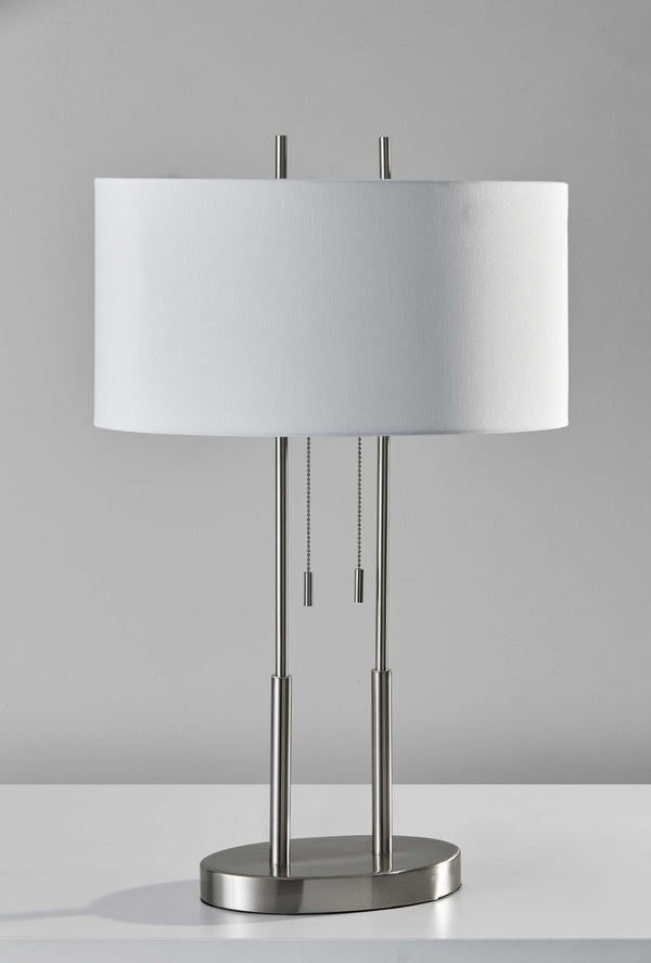HomeRoots 27" Silver Metal Two-Light Bedside Lamp with Off-White Shade for Modern Elegance and Functionality 372649