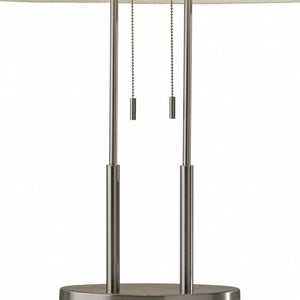 HomeRoots 27" Silver Metal Two-Light Bedside Lamp with Off-White Shade for Modern Elegance and Functionality 372649