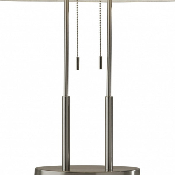 HomeRoots 27" Silver Metal Two-Light Bedside Lamp with Off-White Shade for Modern Elegance and Functionality 372649