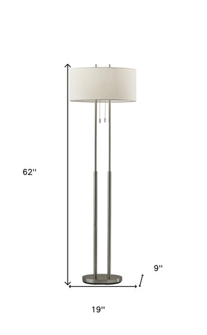 HomeRoots 62" Silver Metal Task Floor Lamp – Elegant Design with White Drum Shade for Modern Spaces & Safety 372650