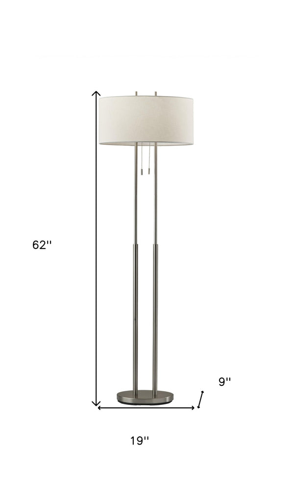 HomeRoots 62" Silver Metal Task Floor Lamp – Elegant Design with White Drum Shade for Modern Spaces & Safety 372650
