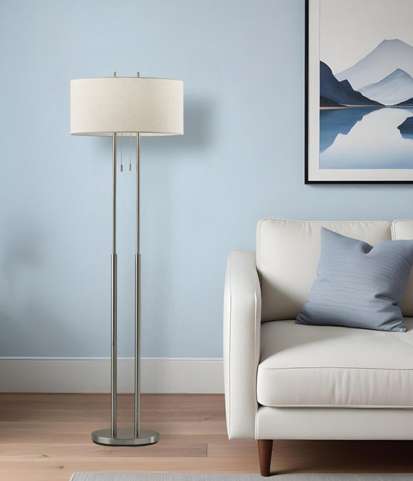 HomeRoots 62" Silver Metal Task Floor Lamp – Elegant Design with White Drum Shade for Modern Spaces & Safety 372650