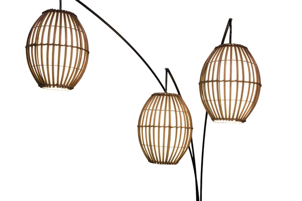 Homeroots 82" Antiqued Bronze Three Light Tree Floor Lamp With Beige Rattan Cage Shades  Metal 372651