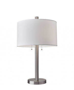 HomeRoots 28" Modern Silver Metal Two-Light Bedside Lamp with White Drum Shade for Stylish Illumination 372659