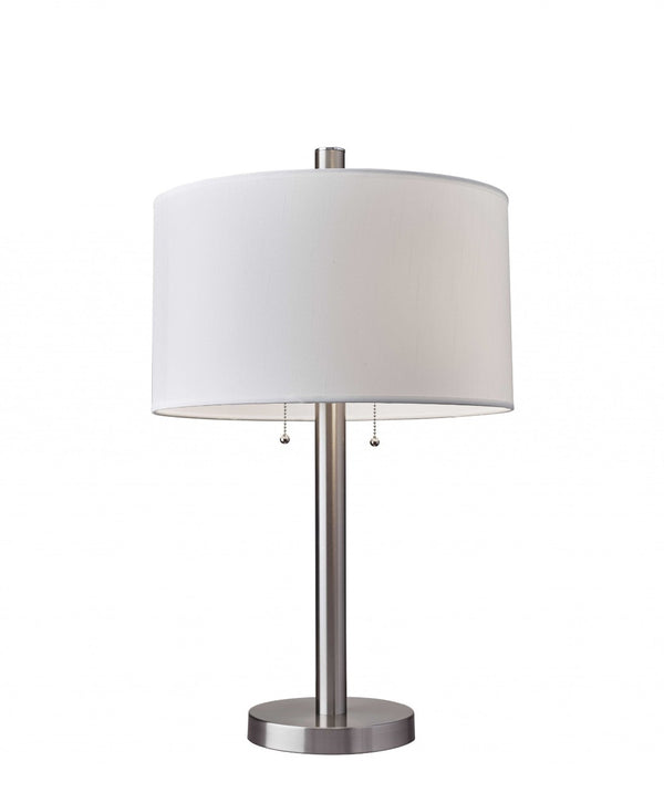 HomeRoots 28" Modern Silver Metal Two-Light Bedside Lamp with White Drum Shade for Stylish Illumination 372659