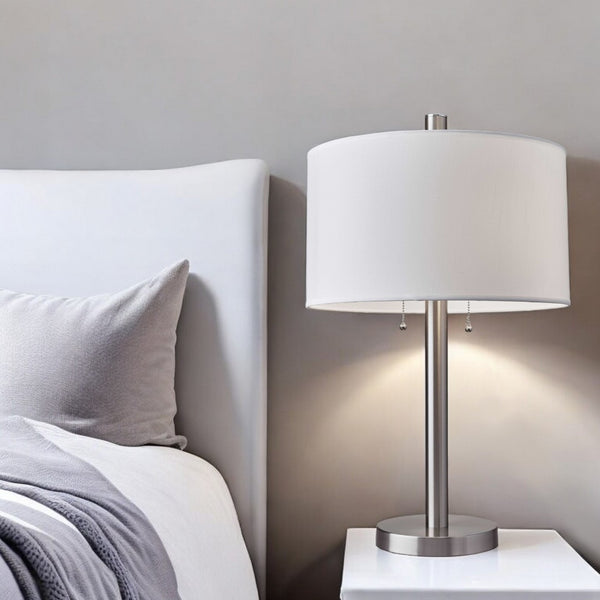 HomeRoots 28" Modern Silver Metal Two-Light Bedside Lamp with White Drum Shade for Stylish Illumination 372659