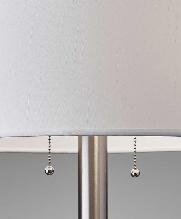 HomeRoots 28" Modern Silver Metal Two-Light Bedside Lamp with White Drum Shade for Stylish Illumination 372659