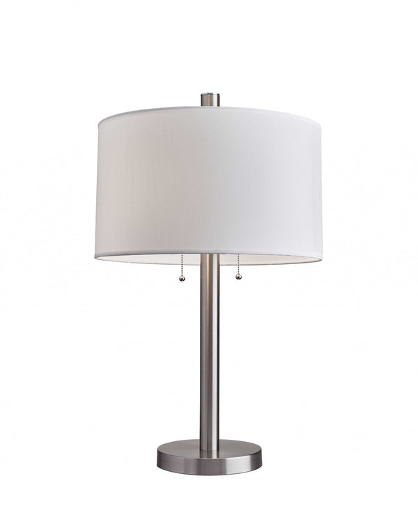HomeRoots 28" Modern Silver Metal Two-Light Bedside Lamp with White Drum Shade for Stylish Illumination 372659