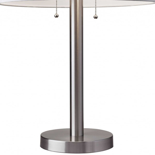 HomeRoots 28" Modern Silver Metal Two-Light Bedside Lamp with White Drum Shade for Stylish Illumination 372659