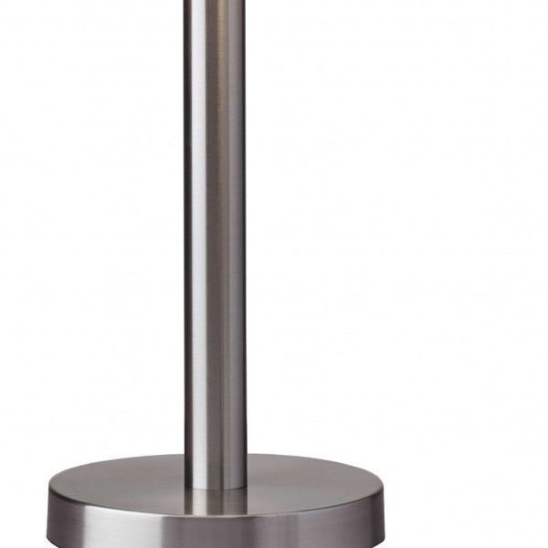HomeRoots 28" Modern Silver Metal Two-Light Bedside Lamp with White Drum Shade for Stylish Illumination 372659