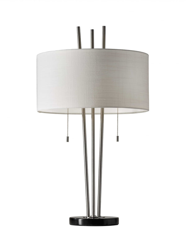 HomeRoots Stylish Table Lamp with Dual Pull Chains, Black Marble Base & Three Brushed Steel Poles for Modern Elegance 372664