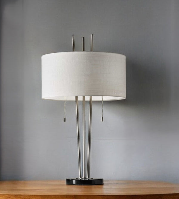 HomeRoots Stylish Table Lamp with Dual Pull Chains, Black Marble Base & Three Brushed Steel Poles for Modern Elegance 372664