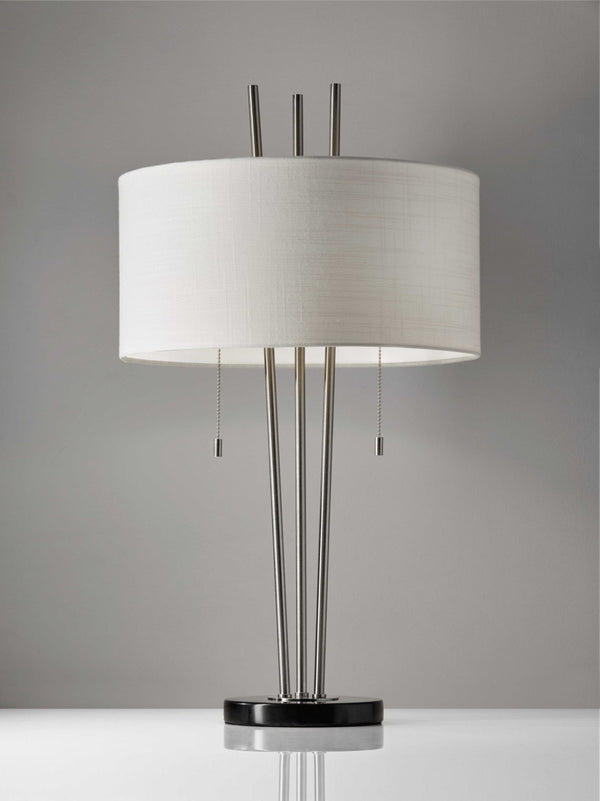 HomeRoots Stylish Table Lamp with Dual Pull Chains, Black Marble Base & Three Brushed Steel Poles for Modern Elegance 372664