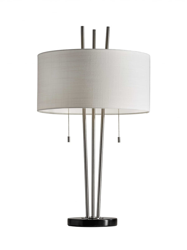 HomeRoots Stylish Table Lamp with Dual Pull Chains, Black Marble Base & Three Brushed Steel Poles for Modern Elegance 372664