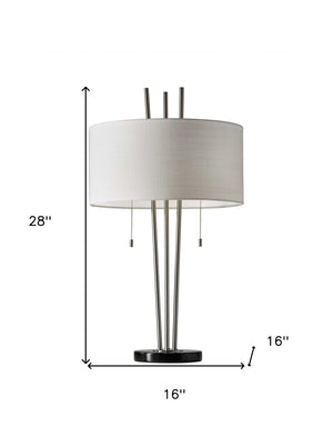 HomeRoots Stylish Table Lamp with Dual Pull Chains, Black Marble Base & Three Brushed Steel Poles for Modern Elegance 372664