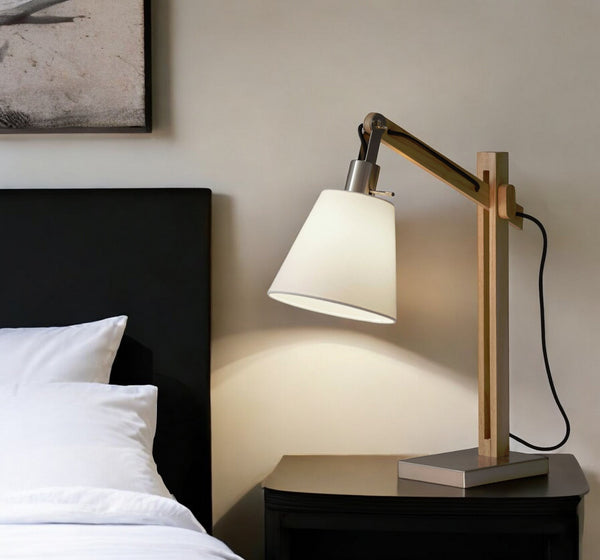 Homeroots 25" Natural Wood Adjustable Height Table Lamp With White Bell Shade   372671