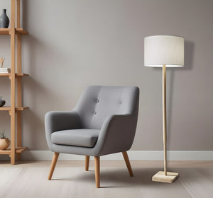 HomeRoots 59" Solid Wood Floor Lamp with Elegant White Linen Shade for Timeless Style and Cozy Ambiance Natural 372675