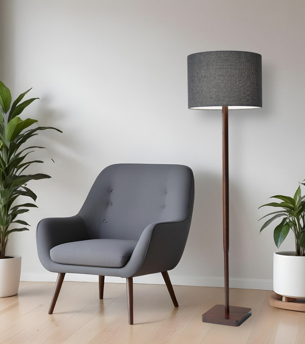 HomeRoots 59" Solid Wood Floor Lamp with Elegant White Linen Shade for Timeless Style and Cozy Ambiance Walnut 372676