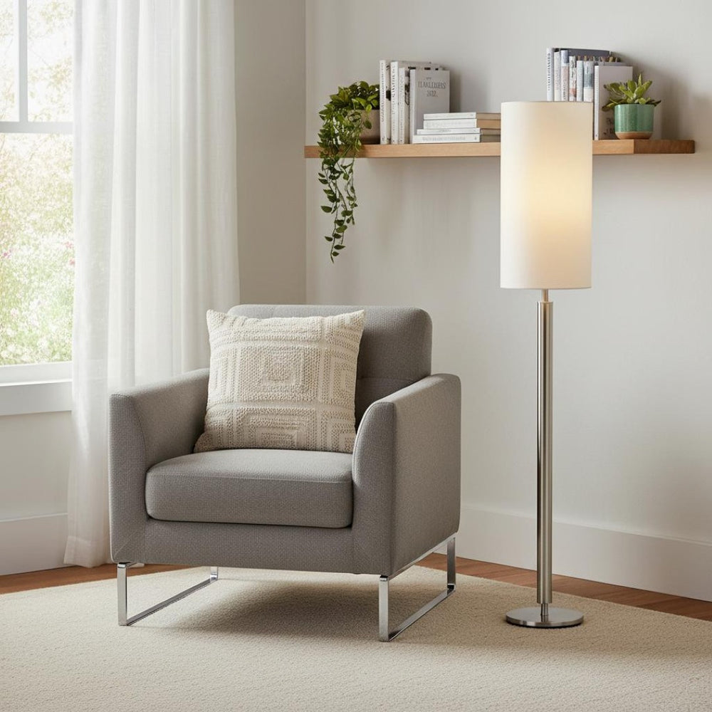HomeRoots 58" Silver Floor Lamp with Elegant White Drum Shade - Modern Touch Sensor Light for Any Space 372693